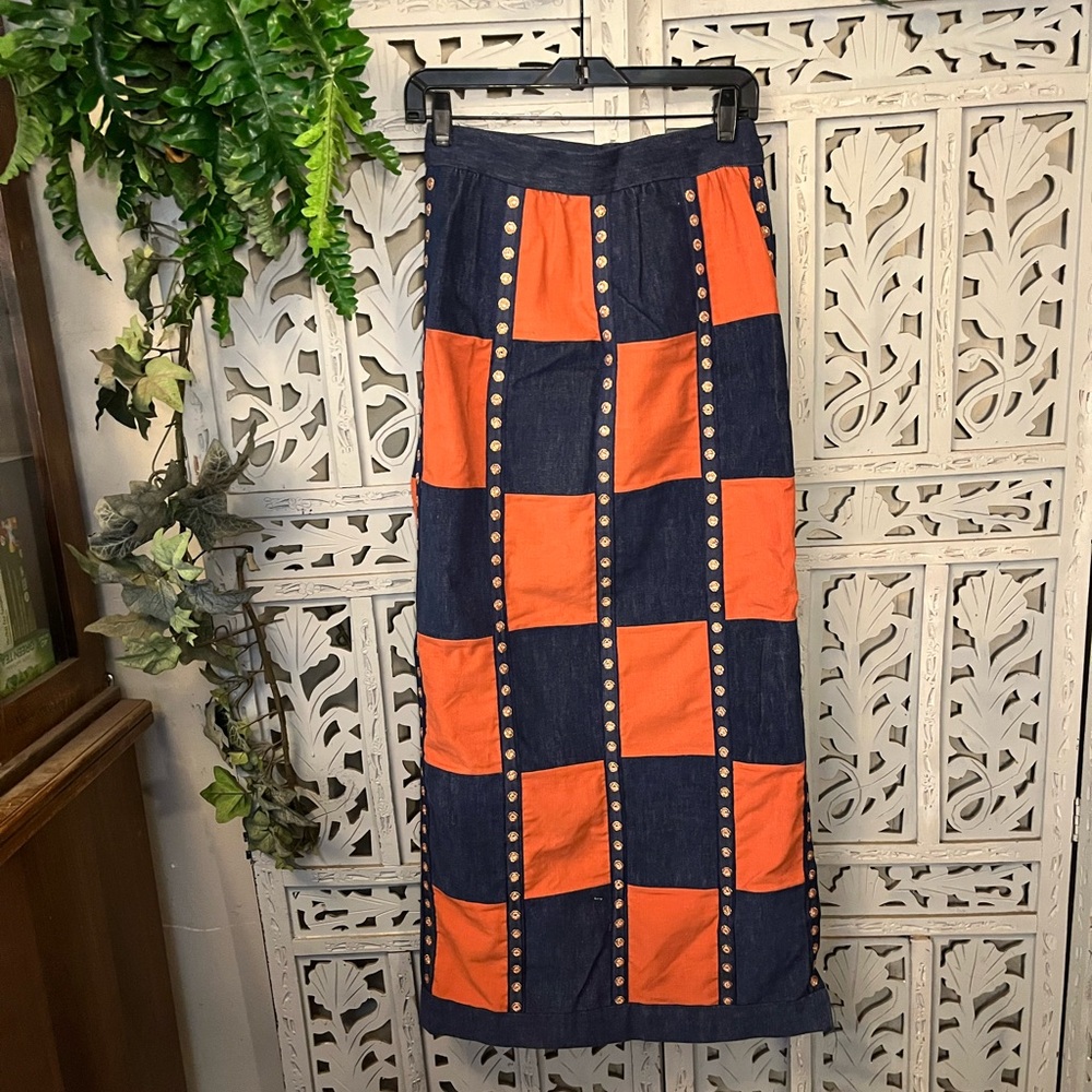 🧡HOST PICK🧡 VINTAGE BLUE DENIM & ORANGE CORDUROY PATCHWORK WITH GEMS MAXI SKIRT